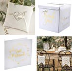 5-delige bruidsset Just Married wit met goud, Verzenden, Nieuw, Feestartikel, Geboorte of Huwelijk