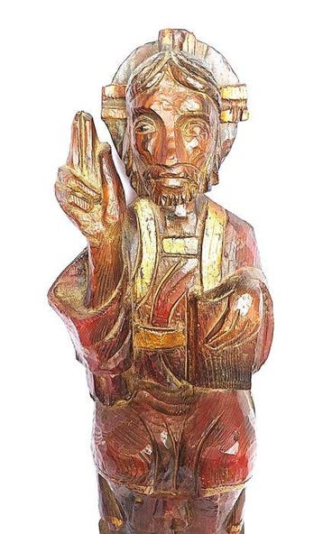 Handgesneden houten standbeeld van “Sint Pieter” - Antiek -, Antiek en Kunst