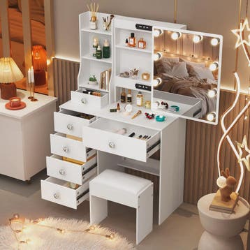 Witte Kaptafel met Schuifspiegel, Dimbare LED Verlichting, 6, Verzenden, Nieuw