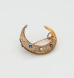 Broche - 18 karaat Geel goud - Saffier / Parel