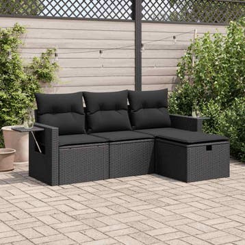 vidaXL 4-delige Loungeset met kussens poly rattan zwart, Verzenden, Nieuw, Loungeset