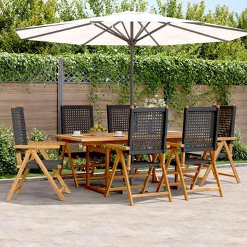 vidaXL 7-delige Tuinset poly rattan en massief hout zwart, Verzenden, Nieuw, Hardhout, Tuinset