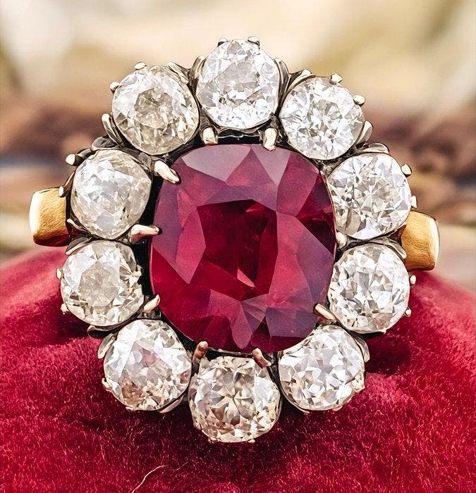 Ring - 9 kt. Geel goud Robijn - Diamant, Sieraden, Tassen en Uiterlijk, Ringen
