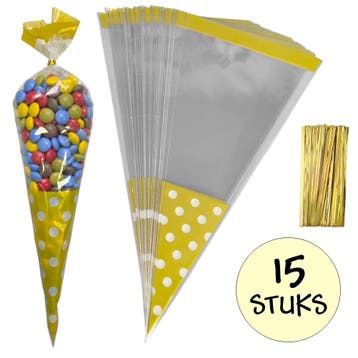 Fako Bijoux - 15x Cellofaan Puntzakken Gouden Stippen, Diversen, Verzenden, Nieuw