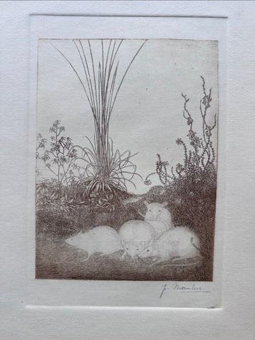Jan Mankes (1889-1920) - Vier muizen in gras, Antiek en Kunst
