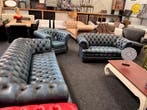Vintage  Blauw Leren 3+2 Knopen Zits Chesterfield bankstel, Ophalen, Zo goed als nieuw, Leer, CHESTERFIELD