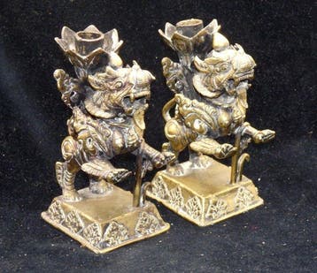 2 zeer fraaie Bronzen Foo Dogs - Kandelaars - Figuur - 2