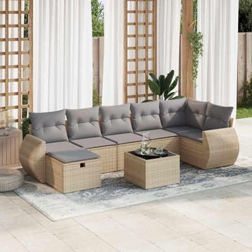 vidaXL 8-delige Loungeset met kussens poly rattan beige, Verzenden, Nieuw, 7 zitplaatsen, Loungeset