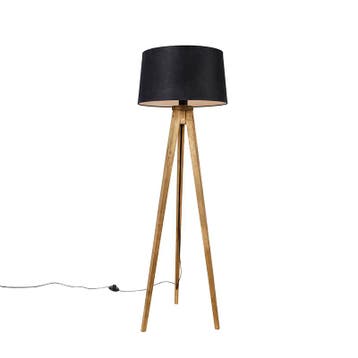 Landelijke tripod vintage hout met linnen kap zwart 45 cm -, Huis en Inrichting, Lampen | Vloerlampen, Verzenden, Nieuw, Hout