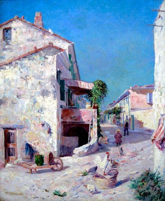 Paul Simons (1865-1932) - Rue animée en Provence, Antiek en Kunst, Kunst | Schilderijen | Klassiek