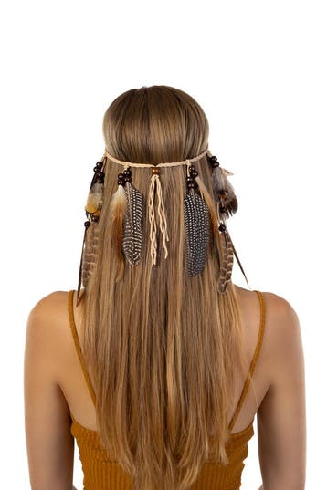 KIMU® Hoofdband Veren Bruin Beige Ibiza Hippie Indiaan Haarb, Ophalen of Verzenden, Nieuw, Carnaval, Accessoires