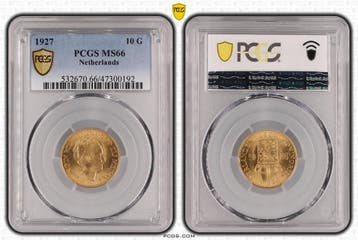 Gouden Wilhelmina 10 gulden 1927 MS66 PCGS gecertificeerd, Postzegels en Munten, Munten | Nederland, Verzenden, Goud, Koningin Wilhelmina