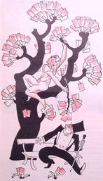 Boom met stembiljetten boven geschrokken man op spotprent, Verzenden