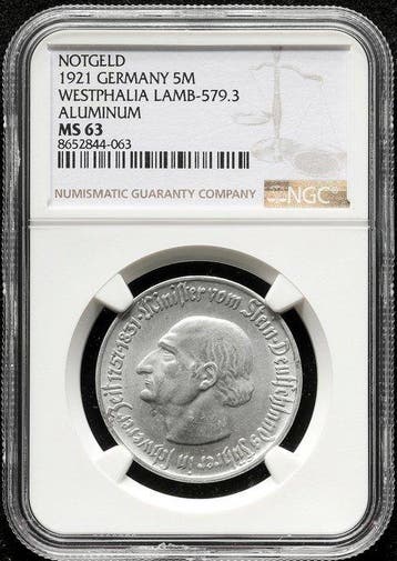 Duitsland, Westfalen 5 Mark 1921 - NGC MS63, Postzegels en Munten
