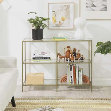 Stijlvolle Console Tafel met 3 Glazen Planken - Goudkleurig, Verzenden, Nieuw