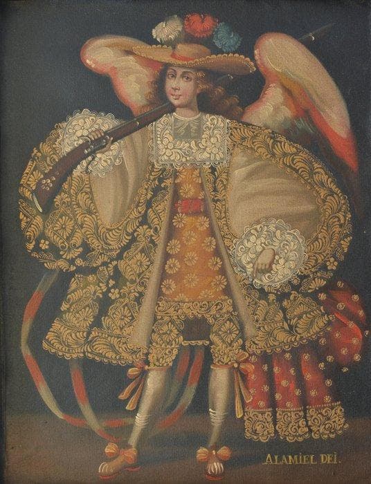 Escuela peruana (XX) - Arcángel Arcabucero - Alamiel Dei, Antiek en Kunst, Kunst | Schilderijen | Klassiek