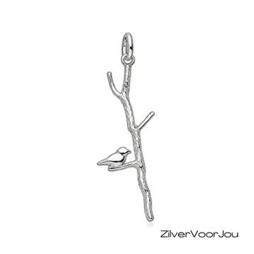 Zilveren vogel op takje kettinghanger, Verzenden, Nieuw, Zilver