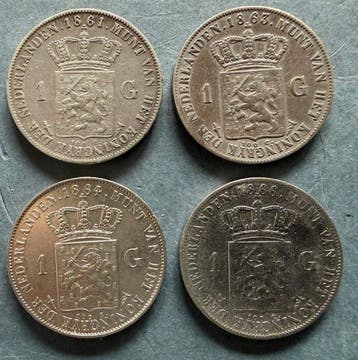 Nederland. Willem III. 1 gulden 1861, 1863, 1864 en 1866, Postzegels en Munten, Munten | Nederland