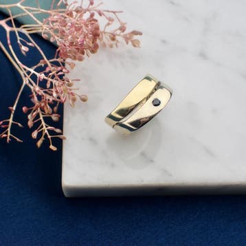 Bicolor gouden ring met zwarte moissanite, Gebruikt, Ophalen of Verzenden, 17 tot 18, Met edelsteen