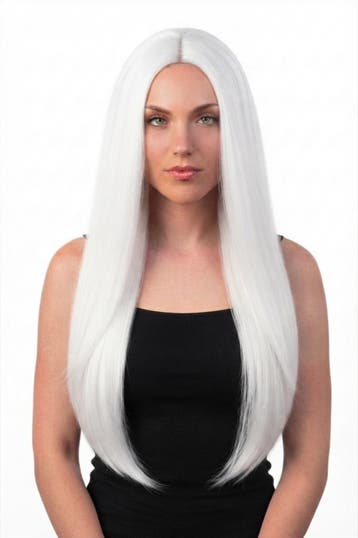 KIMU® Luxe Lange Witte Pruik Middenscheiding Haarwerk Krulle, Ophalen of Verzenden, Nieuw, Carnaval