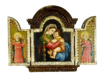 Drieluik - Hout - 1930-1940 - Maagd met Kind en Engelen -, Antiek en Kunst