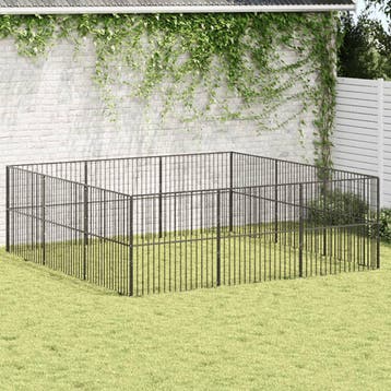 vidaXL Hondenkennel 12 panelen gepoedercoat staal zwart, Dieren en Toebehoren, Verzenden, Nieuw