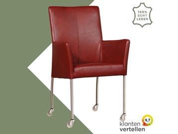 Leren eetkamerstoel Comfort met wieltjes en armleuning -, Huis en Inrichting, Stoelen, Nieuw, Leer, Ophalen of Verzenden, Rood
