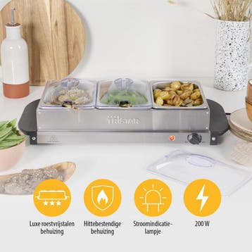 Tristar BP-6283 - Buffetwarmer 200W - Chafing dish - 3 x 1,4, Ophalen of Verzenden, Zo goed als nieuw