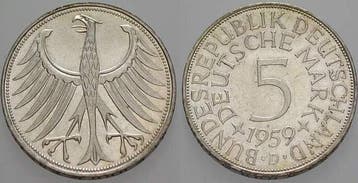 5 duitse Mark 1959 D 5 Mark Kursmunten Bondsrepubliek Dui..., Postzegels en Munten, Munten | Europa | Niet-Euromunten, Verzenden