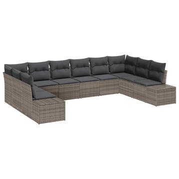 vidaXL Tuinbankenset met kussen 10 pcs Grijs Polyrattan, Verzenden, Nieuw, Rotan, Meer dan 8 zitplaatsen