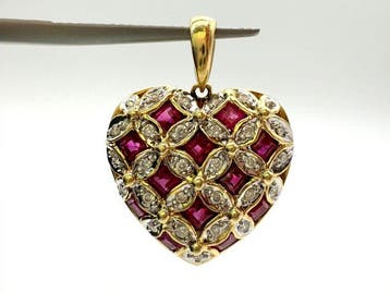 Hanger - 18 karaat Geel goud Robijn - Diamant