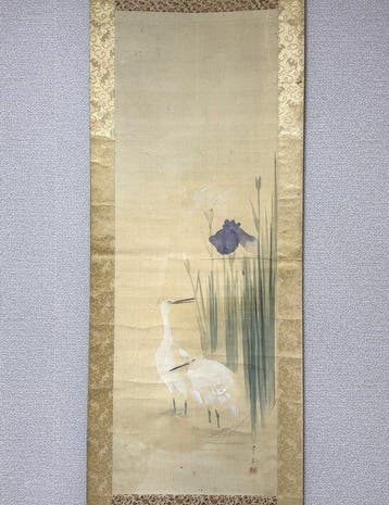 Zeer fraai schilderij Herons And Irises, gesigneerd -