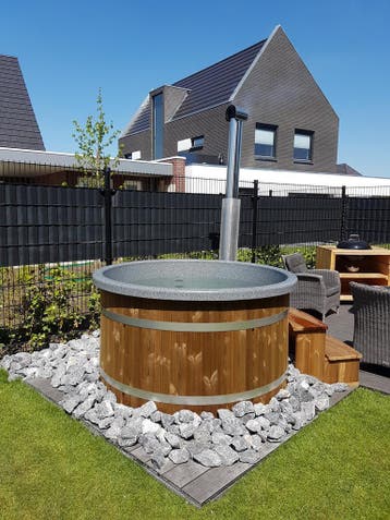 Houtgestookte hottub jacuzzi met externe kachel, Ophalen of Verzenden, Nieuw, Pomp, Vast
