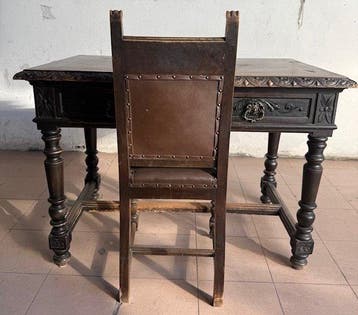 Schrijftafel (2) - Walnoot, Leder - bureau en stoel