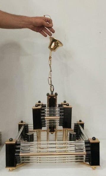Plafondlamp - Glas, Messing, Metaal - Kristallen tubulaire, Antiek en Kunst, Antiek | Lampen