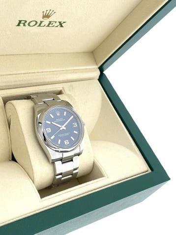 Rolex Oyster Perpetual 114200 Staal Blue Baton Arabic Dial, Ophalen, Staal, Polshorloge, Zo goed als nieuw