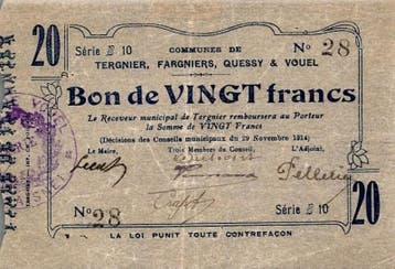 20 Francs 1915 France Komitat 02700 – Tergnier – Fargnie, Postzegels en Munten, Munten | Nederland, Verzenden
