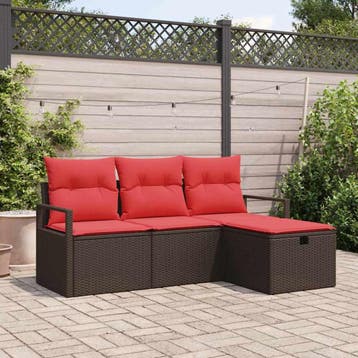 vidaXL Bankstel met kussen met opslag 4 pcs Bruin en Rood, Tuin en Terras, Tuinsets en Loungesets, Verzenden, Nieuw, Rotan, 4 zitplaatsen