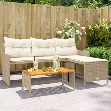 vidaXL Tuinbank met tafel en kussens L-vormig poly rattan, Verzenden, Nieuw