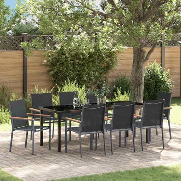 vidaXL Tuin eettafelset 9 st Zwart Poedercoating staal, Verzenden, Nieuw, Textileen, Meer dan 8 zitplaatsen