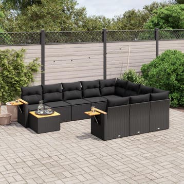 vidaXL 11-delige Loungeset met kussens poly rattan zwart, Verzenden, Nieuw, Loungeset