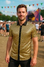 Heren Gouden Disco Blouse – Metallic Jaren 70 - Maat L, Kleding | Heren, Ophalen of Verzenden, Nieuw, Maat 52/54 (L)