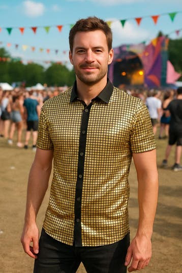 Heren Gouden Disco Blouse – Metallic Jaren 70 - Maat L, Ophalen of Verzenden, Nieuw, Maat 52/54 (L)