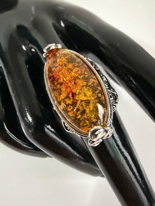 Prachtige amber-zilveren ring - Ring, Verzamelen, Mineralen en Fossielen
