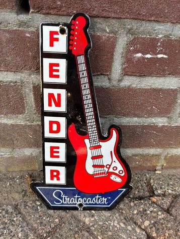 Vintage Fender Stratocaster Emaille Reclamebord – Gitaar, Antiek en Kunst
