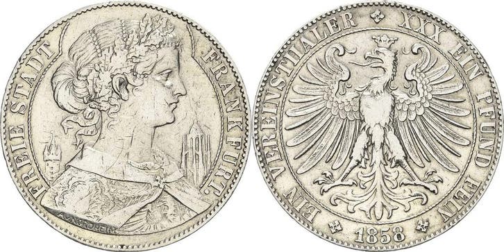 Taler, daalder 1858 Frankfurt am Main-stadt, Postzegels en Munten, Penningen en Medailles, Verzenden