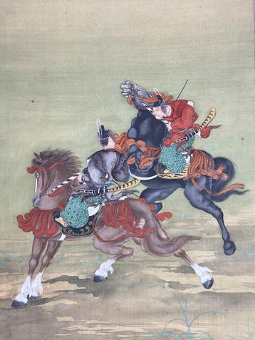 Samurai-krijgers te paard (Musha-e hangende rol) - Zijde -, Antiek en Kunst