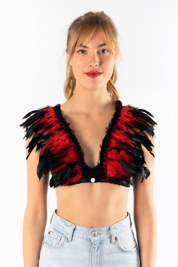 KIMU® Top met Veren Zwart Rood XS S M Verentop Steampunk Top, Kleding | Dames, Ophalen of Verzenden, Nieuw, Carnaval, Kleding