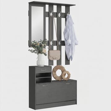 Zwarte Halmeubel Set: Kapstok met Spiegel, Schoenenkast en 6, Huis en Inrichting, Woonaccessoires | Kapstokken, Verzenden, Nieuw