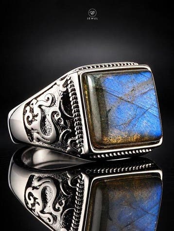 Blauwe Labradorietring - 925 Sterling Zilver - Rechthoekige, Antiek en Kunst